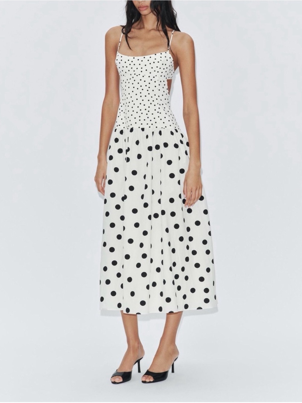 Zara White Midi Dress with Black Polka Dots